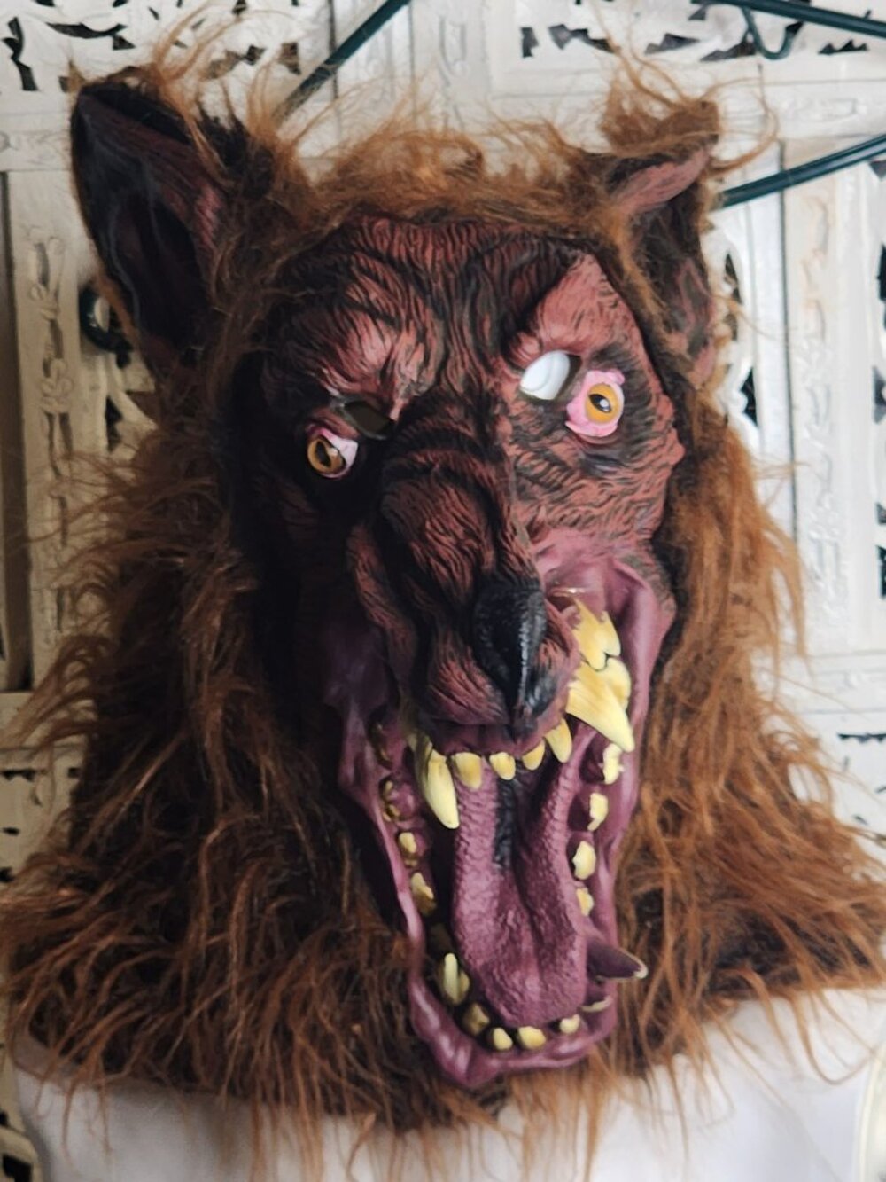 Vintage Full Head Brown Fur Pink Eyes Open Mouth Fanged Rubber Werewolf Mask OSM